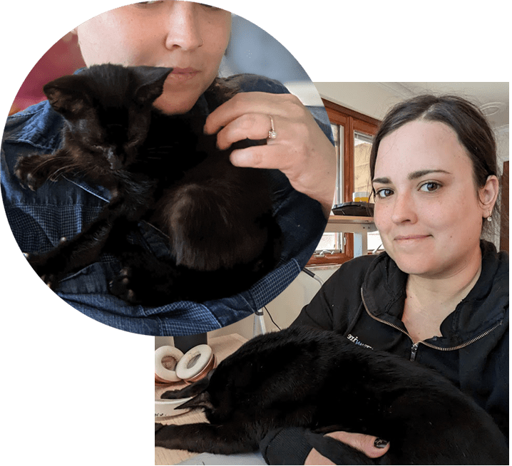 Susan Simkins holding Atticus, her black cat, as a kitten and as an adult